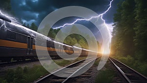 train on the railway a train trailing through forest in the middle of a lightning and thunder storm, lightning striking
