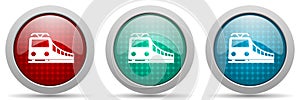 Train, railway, transportation vector icon set, glossy web buttons collection