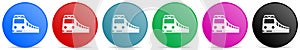 Train, railway, transportation vector icons, set of circle gradient buttons in 6 colors options for webdesign and mobile