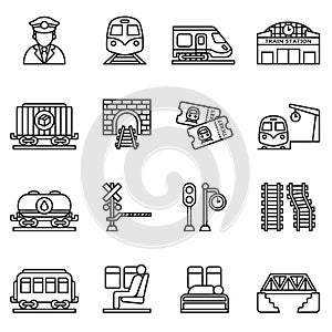 Train and railways icon set. Thin line style stock vector.