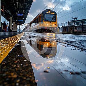 Train Reflection on a Rainy Station Platform