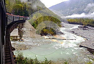 Train ride over a bridge on the White Pass & Yukon Route Railroad, Alaska