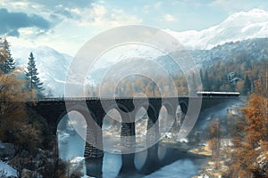 Train ride on railway bridge in mountains Ai photo