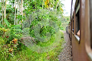 Train ride in Sri Lanka. Man hanging on a wagon