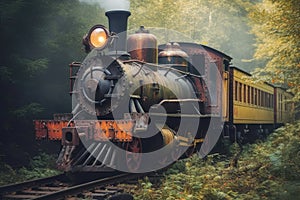 Train rides in a natural area, retro style. Old steam locomotive. Generative AI