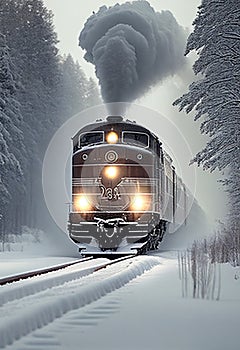The train rides through the snow. AI Generated