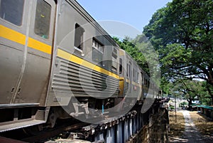 Train on the River Kwai Bridge at Kanchanaburi, Thailand