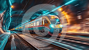 Train rolling through tunnel at night using automotive lighting