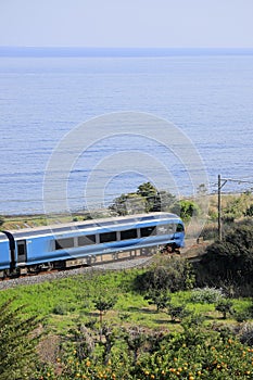 Train running by seaside of Izu, Shizuoka, Japan