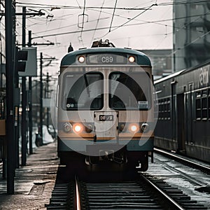 A train running into the station. Train in black and white.