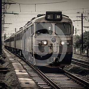 A train running into the station. Train in black and white.