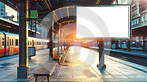 A train is seen traveling down train tracks next to a train station in the modern city. Mockup