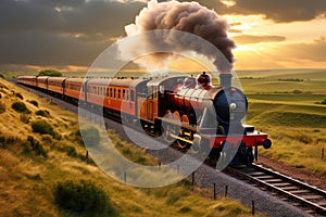 A train is seen traveling down train tracks that run alongside a beautiful lush green field, A vintage steam train speeding across