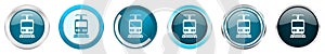 Train silver metallic chrome border icons in 6 options, set of web blue round buttons isolated on white background