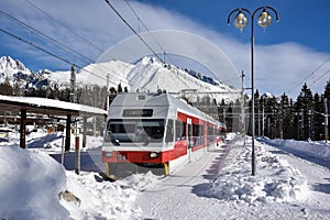 Train on small station in Slovakian high mountains