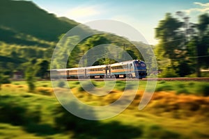 train speeding through countryside with blurred background