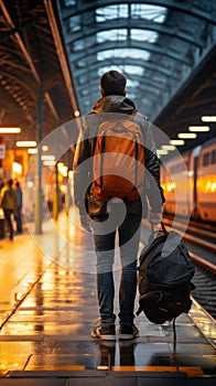 In the train station, a backpacked traveler waits, symbolizing the travel concept