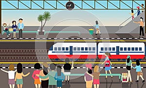 Train station busy illustration vector flat city transportation cartoon activities