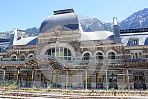 Train station in Canfranc with the railway in front of it