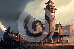train station with clock tower, and steam coming from the engine