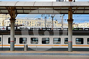 Train at the station, commuter train car. Kievsky railway station in Moscow
