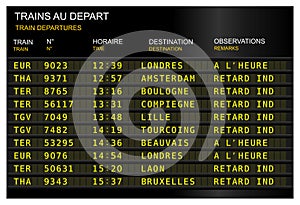 Train station departure board. France, French Paris, gare du nord photo