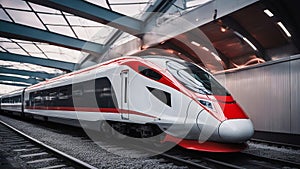 train in the station A fast train from China that reaches a sleek railway station. The train is white and red,