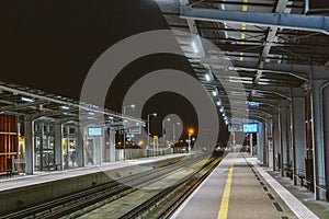 Train station at Gdansk airport GDN in Poland. railway platform of Lech Walesa Airport in Gdansk, Poland. Gdansk Airport lotnisko