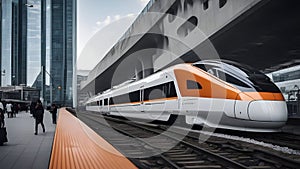 train in the station A high-speed train from China that arrives at a modern railway station. The train is white and orange