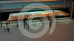 Train station and Hyperloop. Passengers waiting for the train. Futuristic technology for high-speed transport