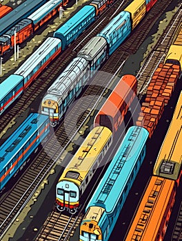 Train station with multiple trains parked on tracks. There are at least 10 different trains, ranging in size and color