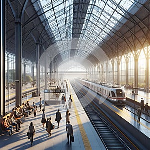 Train station platform with passengers on a transparent backgou photo