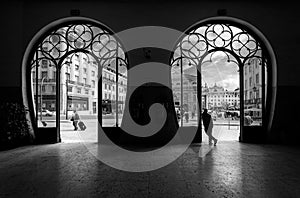 Train station Rossio. Old city of Lisbon. Portugal. black and white