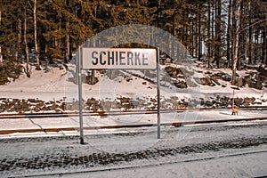 Train station sign of Schierke train station at Harz Mountains National Park, Germany