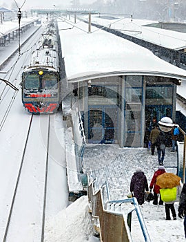 The train, the station in the snow,