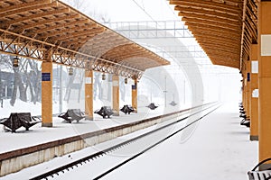 Train station in a snowstorm close up