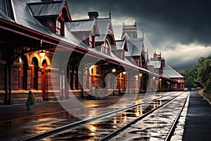 A train station surrounded by rain-soaked ground, showcasing the challenges of public transportation during wet weather, An old