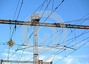 Train station tower, constructions and wires