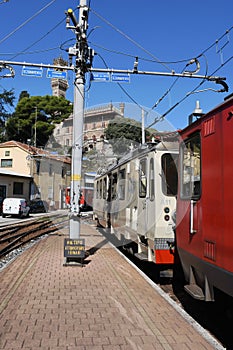 Train Station and Trains at Ferrovia Genova Castello - Manin Station, Via L. Montaldoo, Genoa. Italy.  