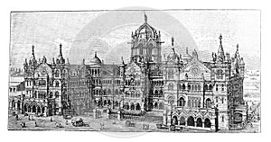 Train station Victoria in munbai in india Chatrapati shivaji  / Illustration from Brockhaus Konversations-Lexikon 1908