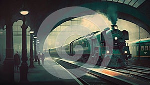 train at the station, vintage, retro style, generative ai