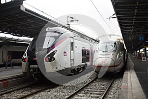 Train stop waiting in terminal for send and receive passenger at platform of Gare de Paris-Est or Paris Gare de l`est