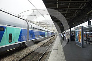 Train stop waiting in terminal for send and receive passenger at platform of Gare de Paris-Est