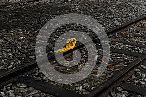 Train stopper or Train bumper installed on track for break. Train stopper for stop train running while parking at railway station photo