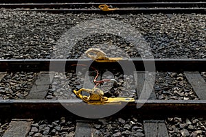 Train stopper or Train bumper installed on track for break. Train stopper for stop train running while parking at railway station photo