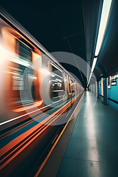 Train in a subway station at night. 3d rendering toned image