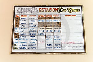 Train timetable in the railway station of Las Tunas, Cu