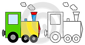 Train toy colorful and black and white. Coloring book page for children. Locomotive colored and outline vector illustration