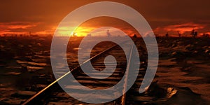 A train track in the desert with the sun setting behind it. AI