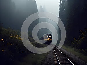 Train on track on forest